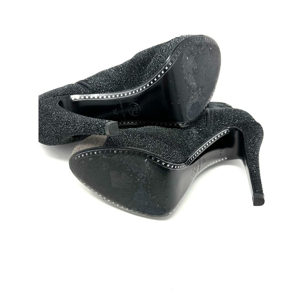 CHANEL Black Grey Glitter Leather Heel Booties Size 37 CC Logo - Picture 7 of 9